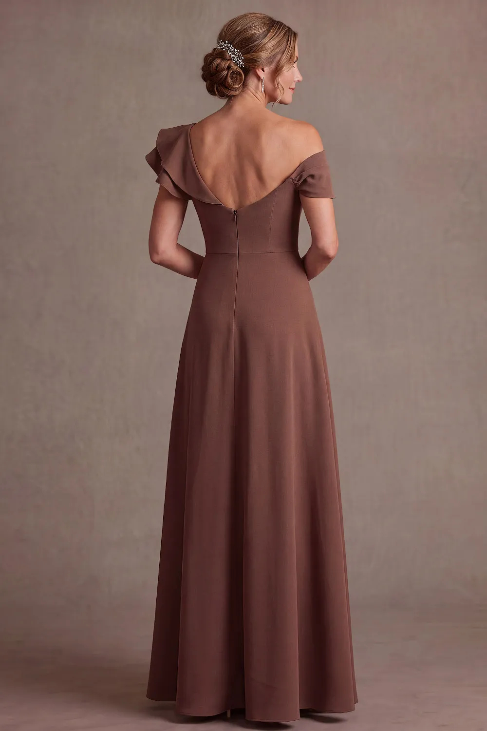 Brown Ruffle Off Shoulder A-Line Wedding Guest Dress