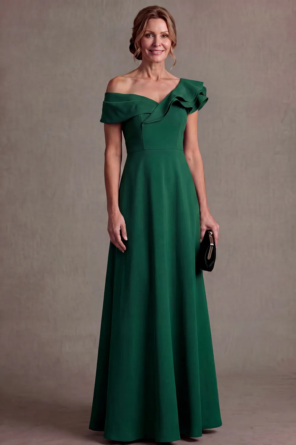 Brown Ruffle Off Shoulder A-Line Wedding Guest Dress