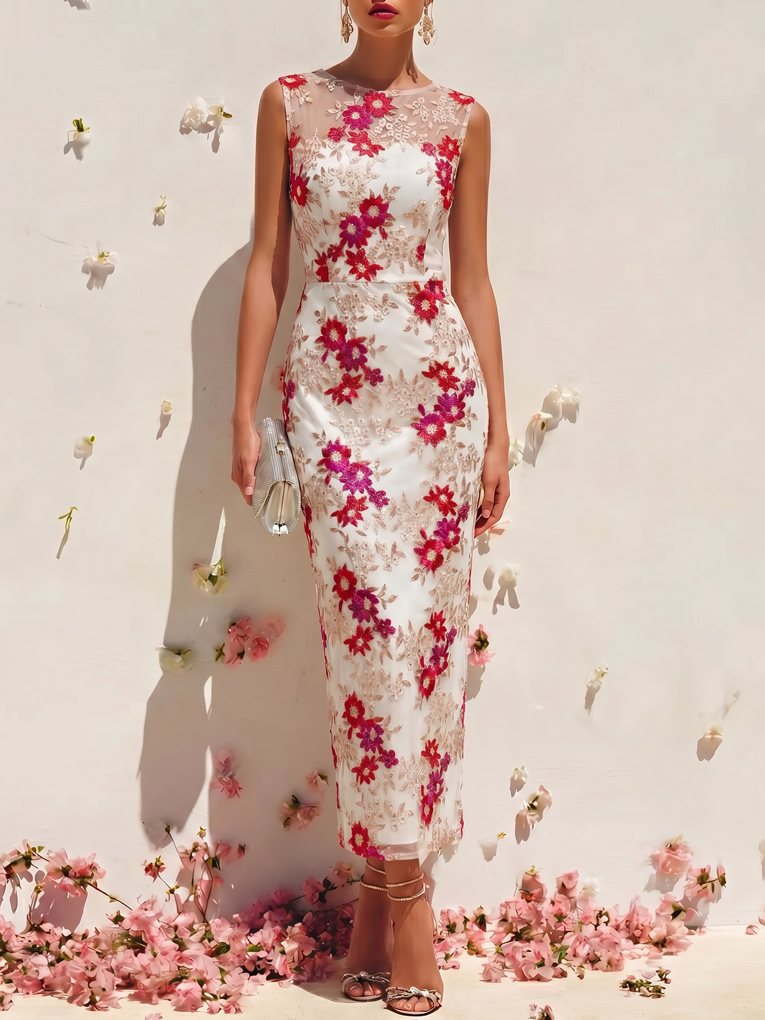 Elegant Sheath Floral Embroidered Midi Dress