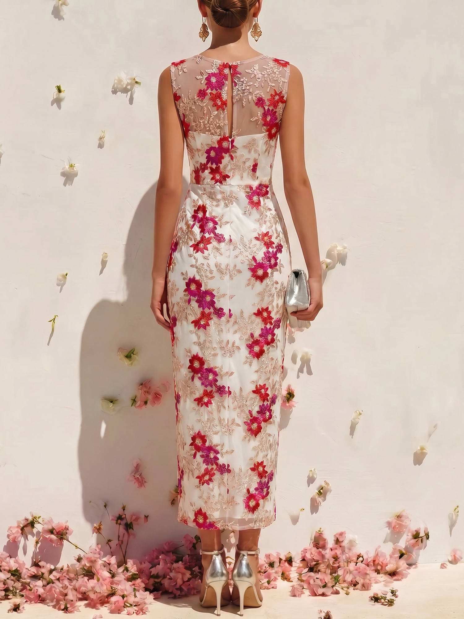 Elegant Sheath Floral Embroidered Midi Dress