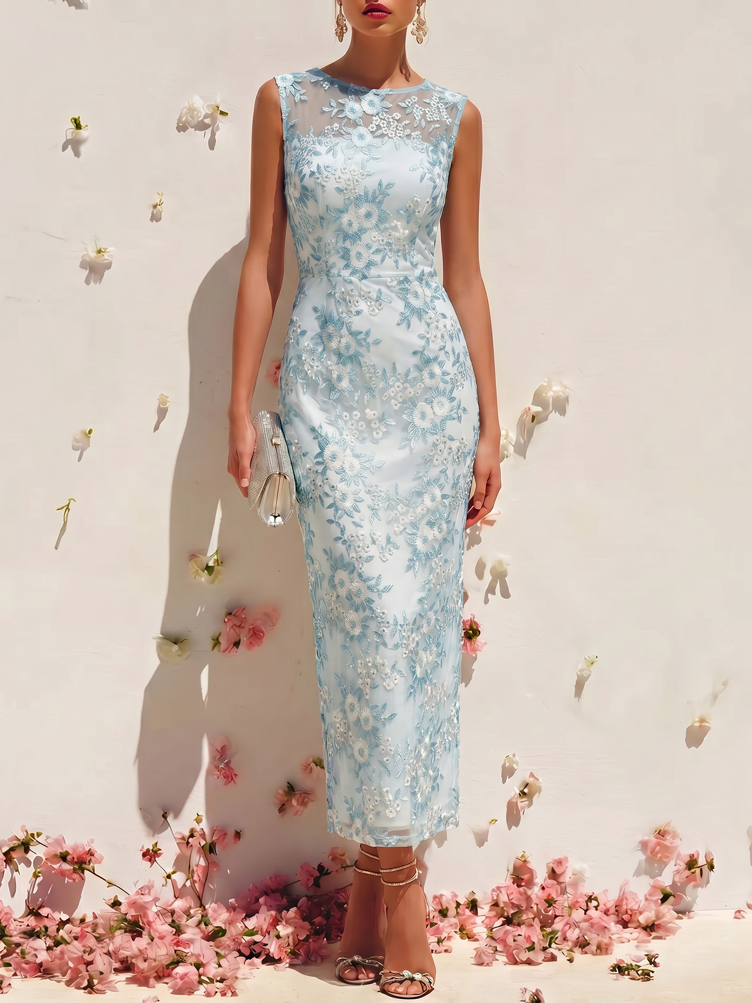 Elegant Sheath Floral Embroidered Midi Dress