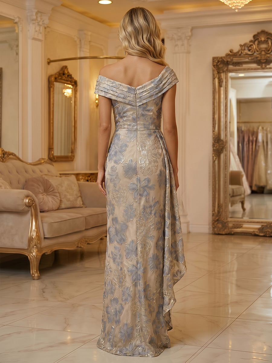Jacquard Sheath Off Shoulder Ruffles Maxi Dress