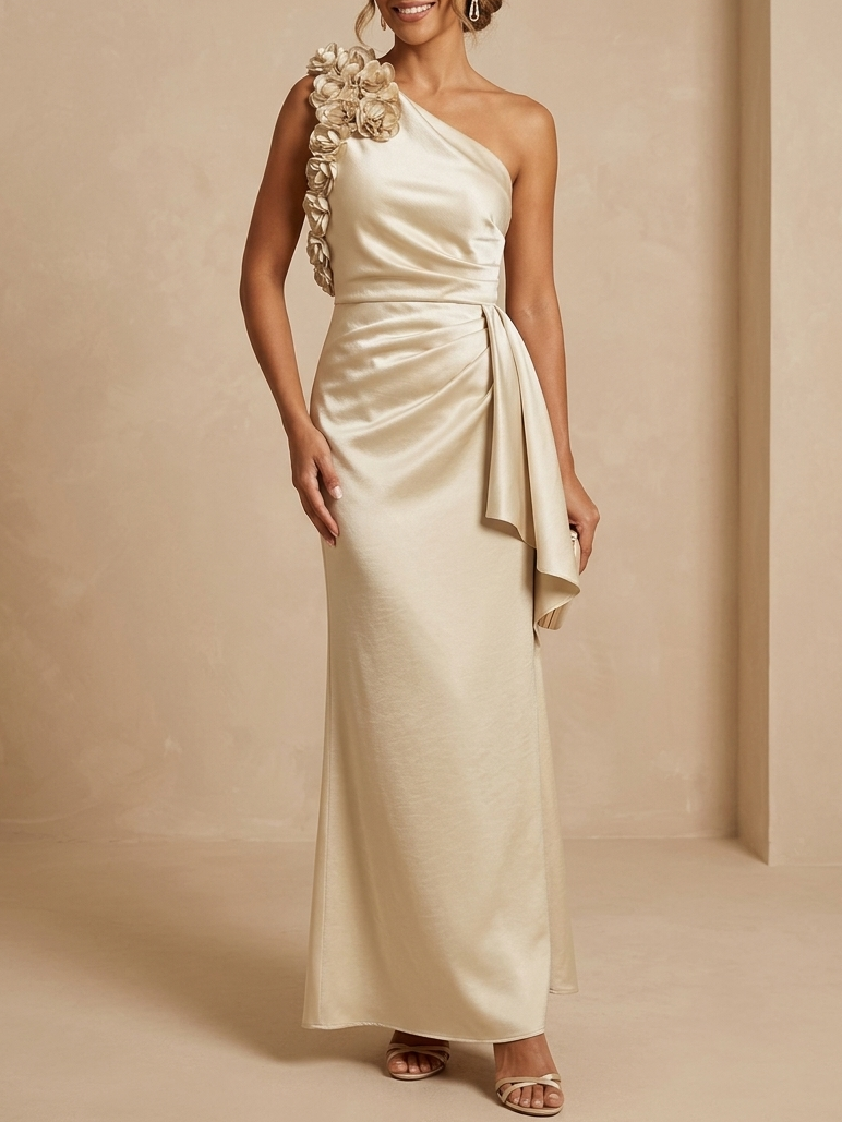 Champagne One-Shoulder 3D Floral Ruched Satin Sheath Gown
