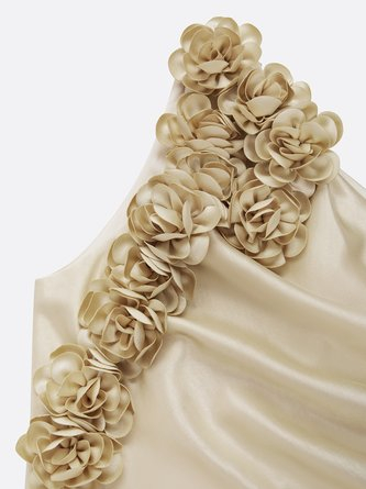 Champagne One-Shoulder 3D Floral Ruched Satin Sheath Gown