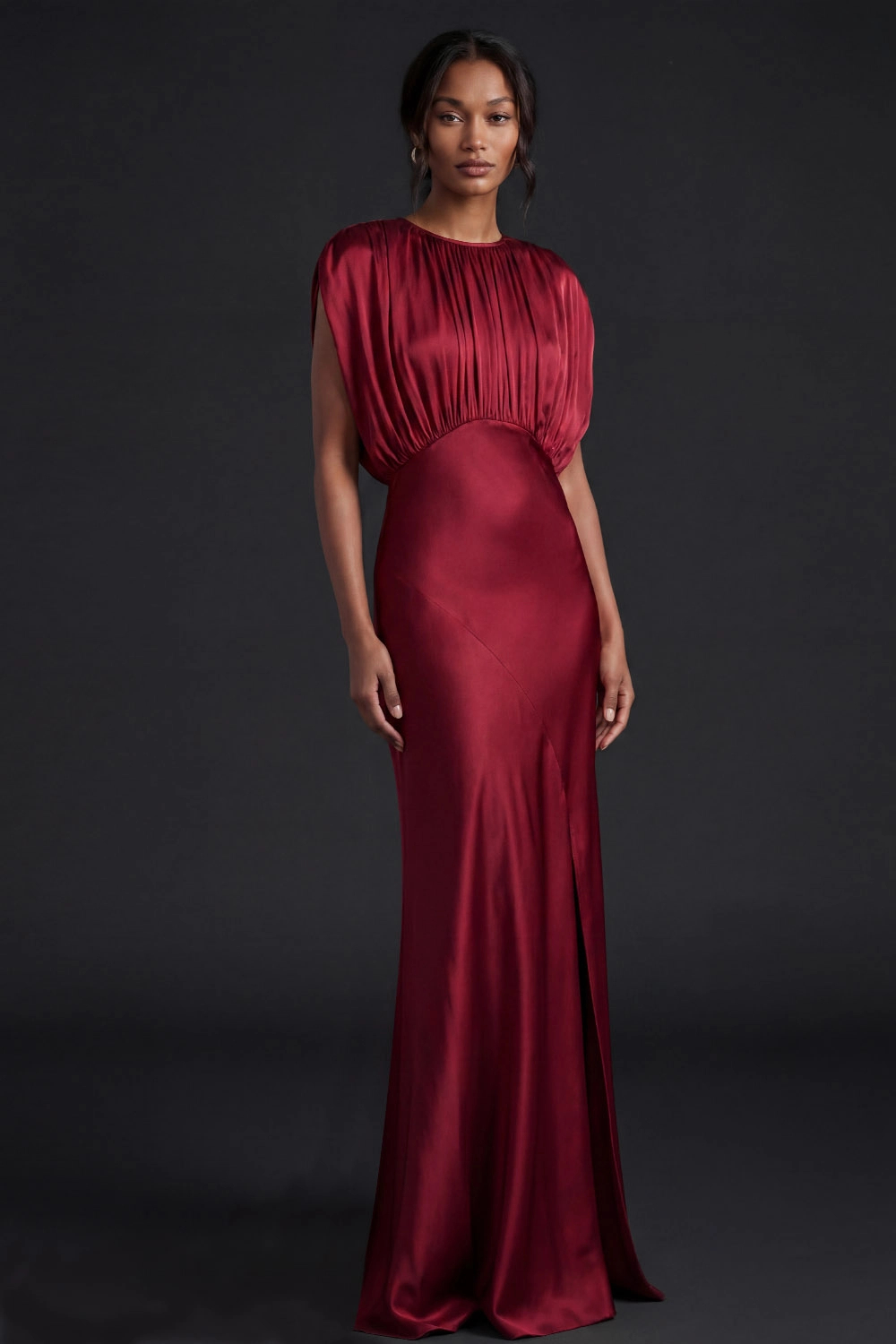 Burgundy Round Neck Mermaid Ruched Formal Evening Dress