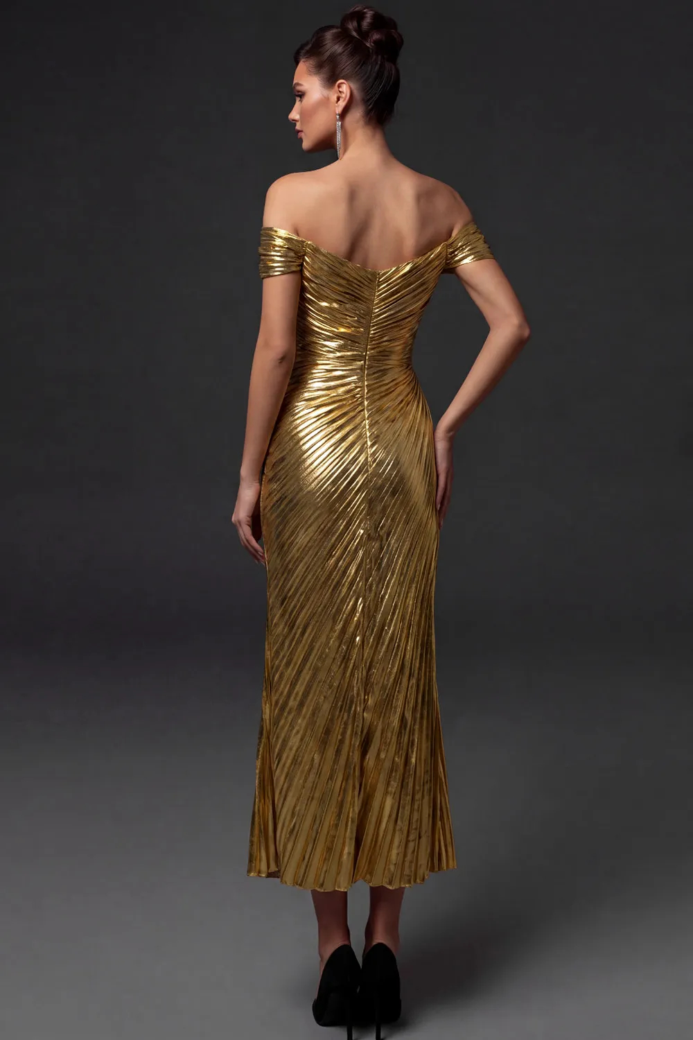 Golden Off Shoulder Pleated Metallic Midi Evening Dress
