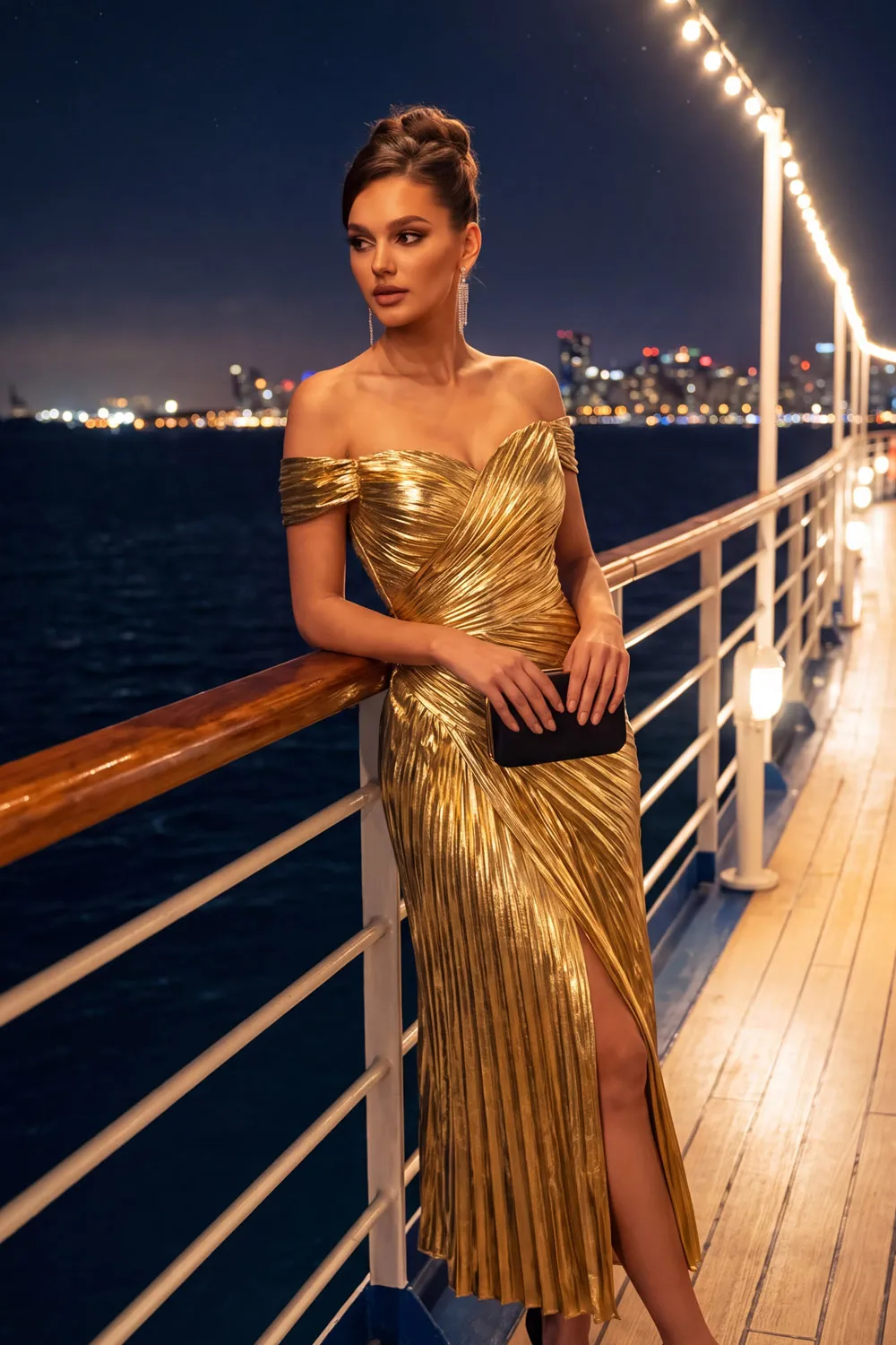 Golden Off Shoulder Pleated Metallic Midi Evening Dress