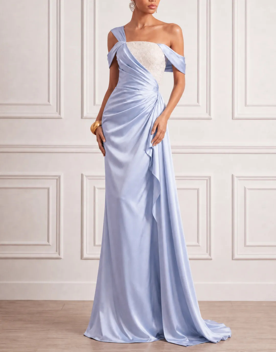 Off-Shoulder Satin Lace Patchwork Ruched Evening Gown