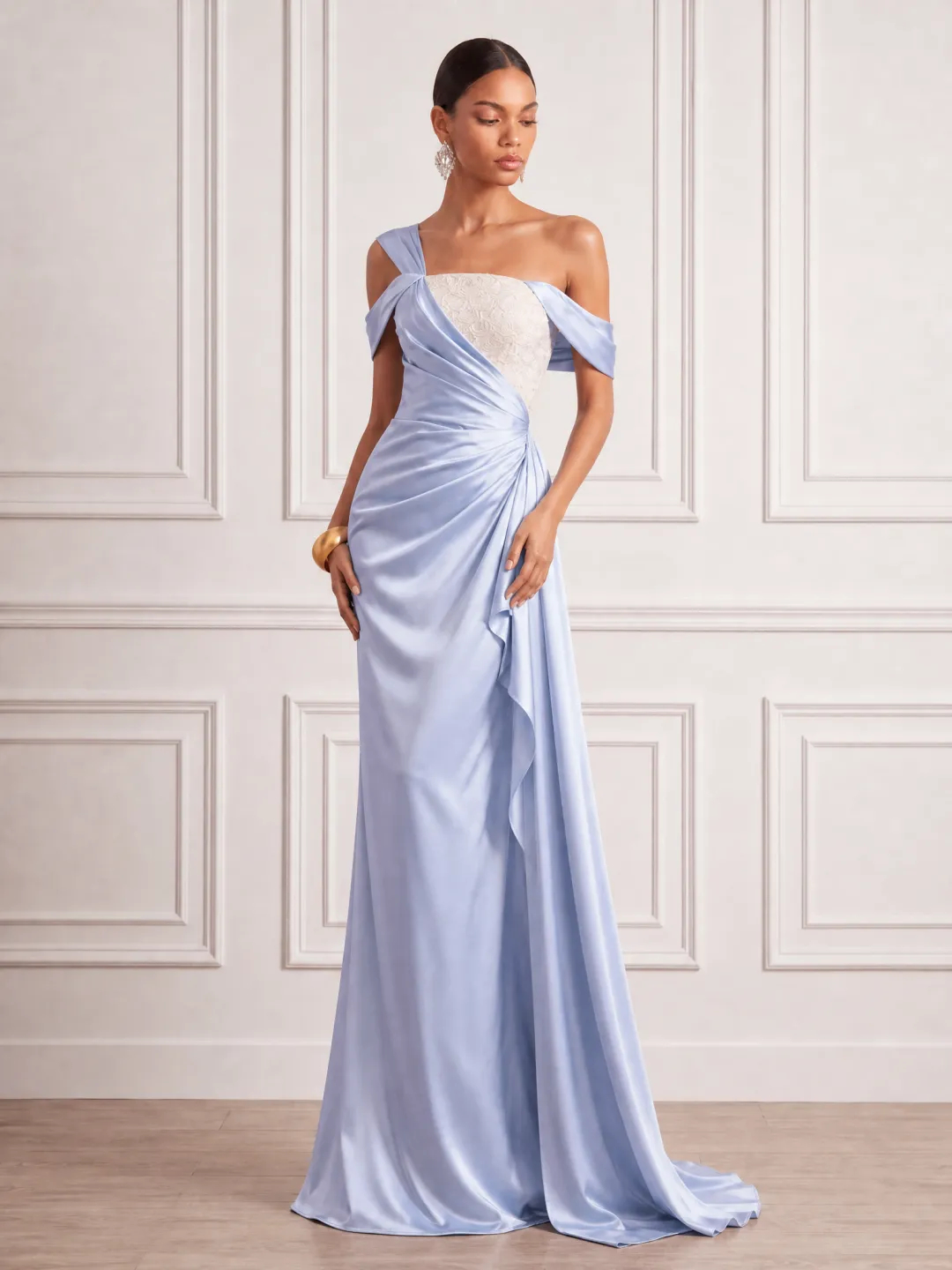 Off-Shoulder Satin Lace Patchwork Ruched Evening Gown
