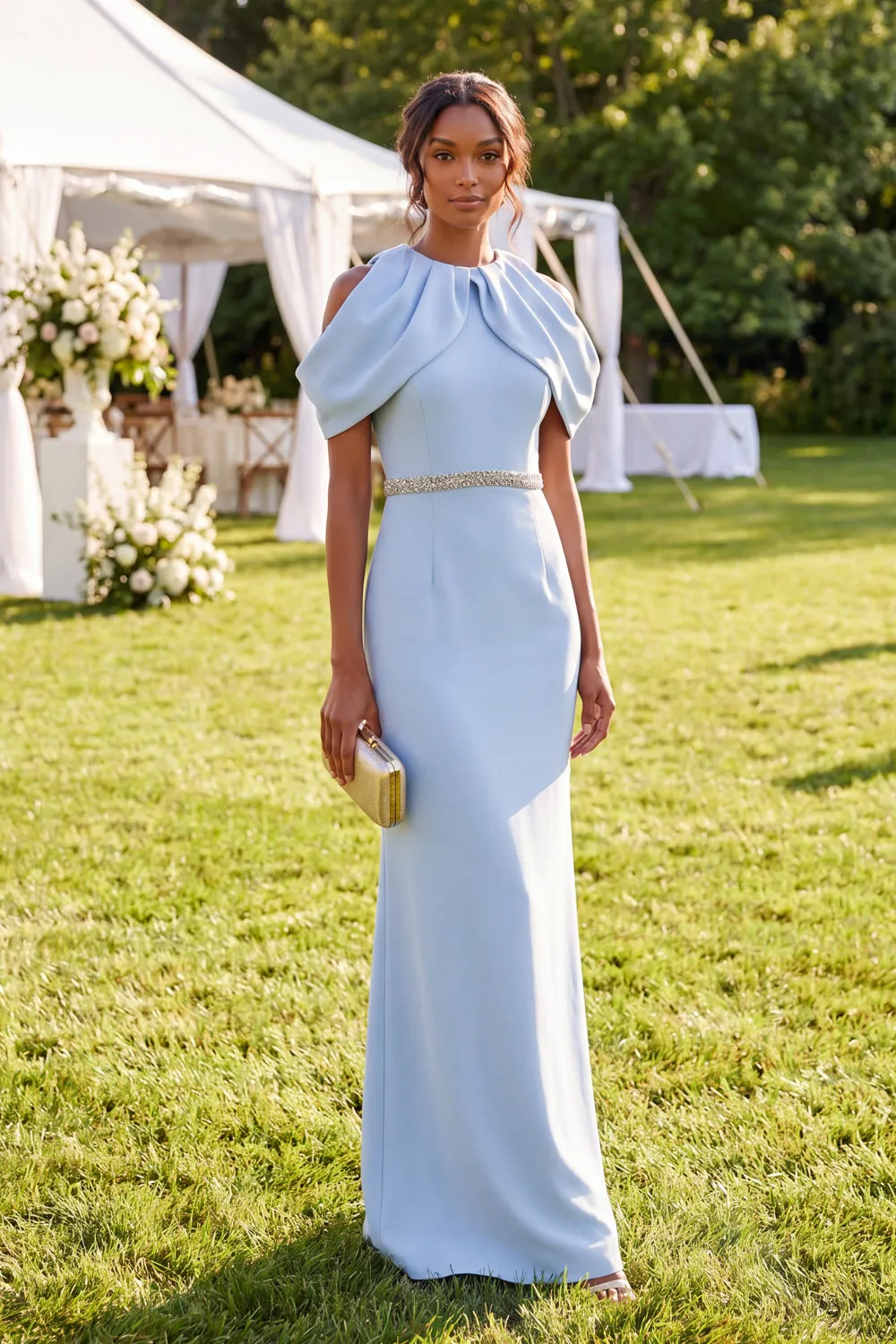 Black & White Cold-Shoulder Draped Bodice Beaded Waist Sheath Gown