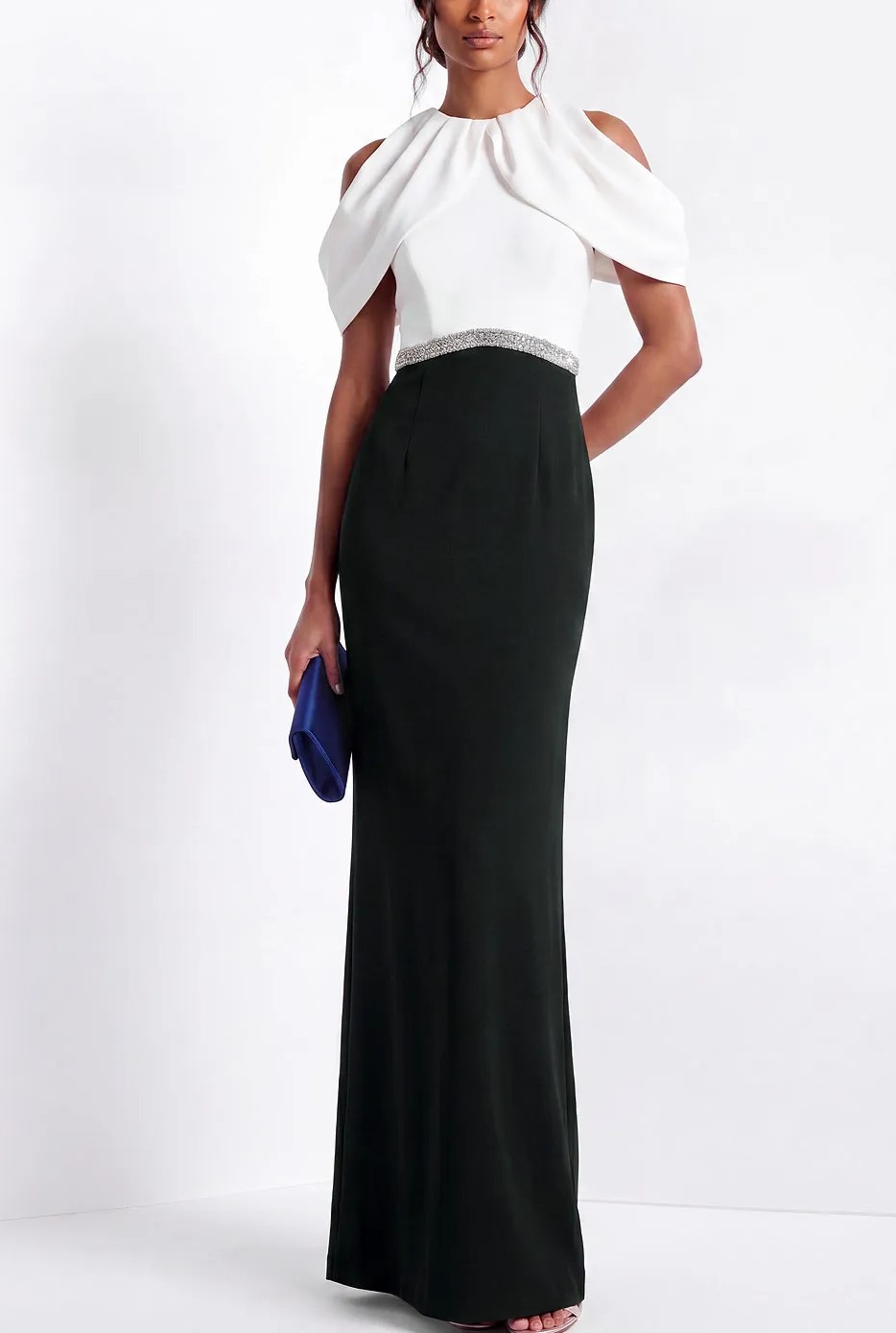 Black & White Cold-Shoulder Draped Bodice Beaded Waist Sheath Gown