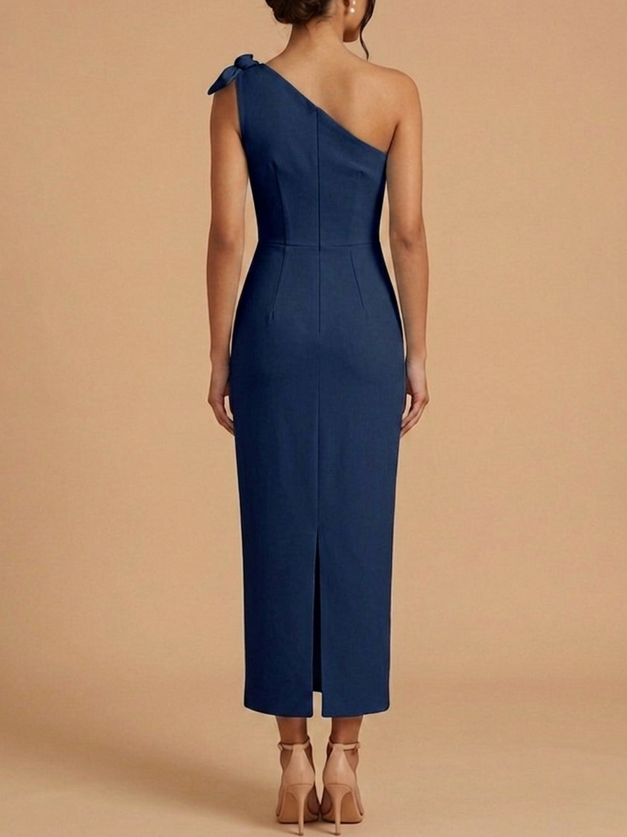 Navy Blue One-Shoulder Bow Detail Ruched Sheath Maxi Dress