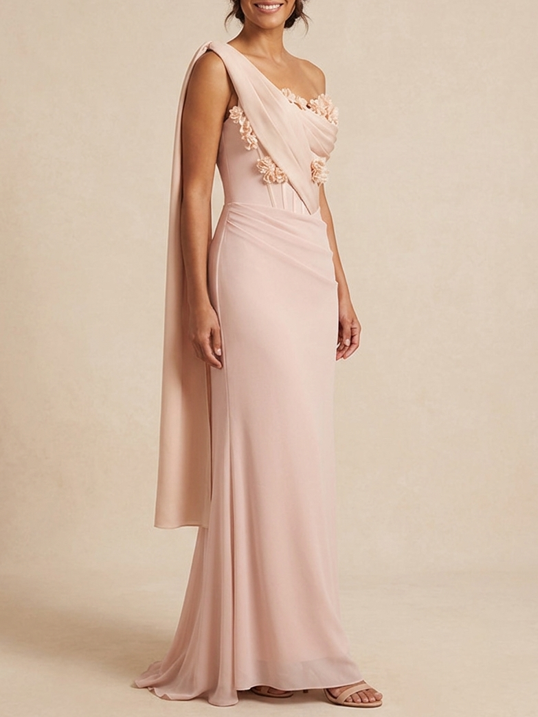 Pale Pink One-Shoulder 3D Floral Cape Detail Sheath Floor-Length Gown