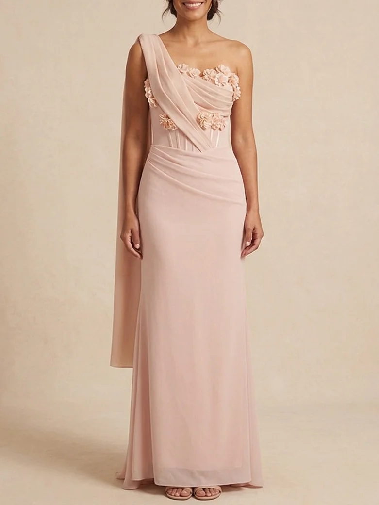 Pale Pink One-Shoulder 3D Floral Cape Detail Sheath Floor-Length Gown