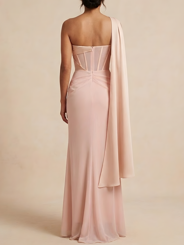 Pale Pink One-Shoulder 3D Floral Cape Detail Sheath Floor-Length Gown