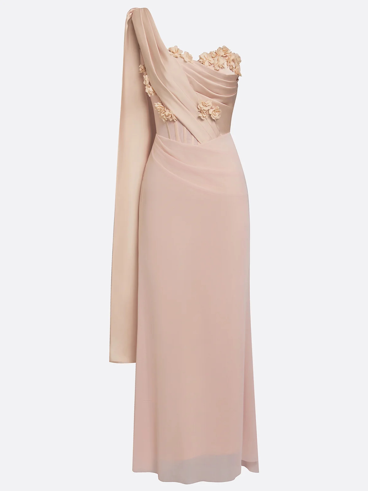 Pale Pink One-Shoulder 3D Floral Cape Detail Sheath Floor-Length Gown