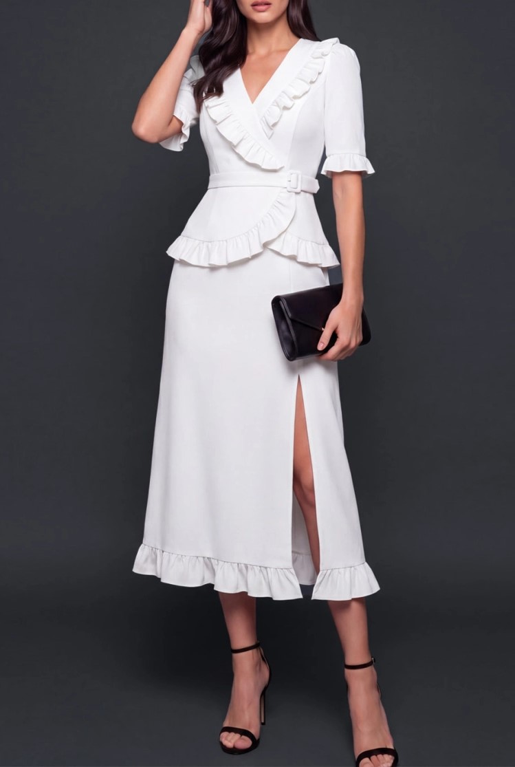 Navy Blue V-Neck Ruffle Detail Belted Midi Dress with Slit