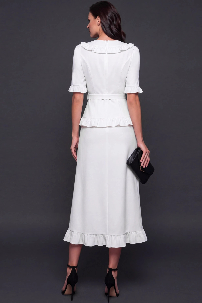 Navy Blue V-Neck Ruffle Detail Belted Midi Dress with Slit