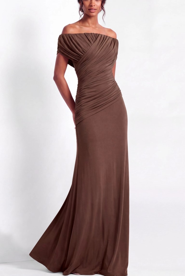 Emerald Green Off-the-Shoulder Ruched Jersey Floor-Length Gown