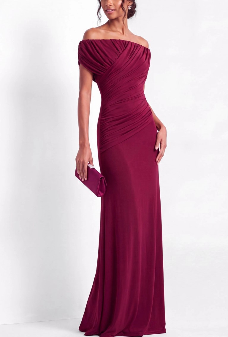 Emerald Green Off-the-Shoulder Ruched Jersey Floor-Length Gown
