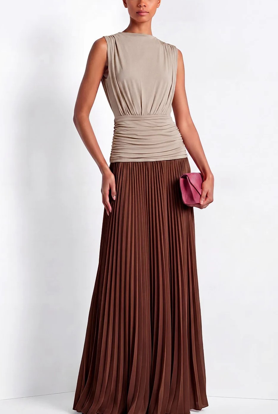 Two-Tone Taupe & Brown Sleeveless High Neck Ruched Waist Pleated Maxi Dress