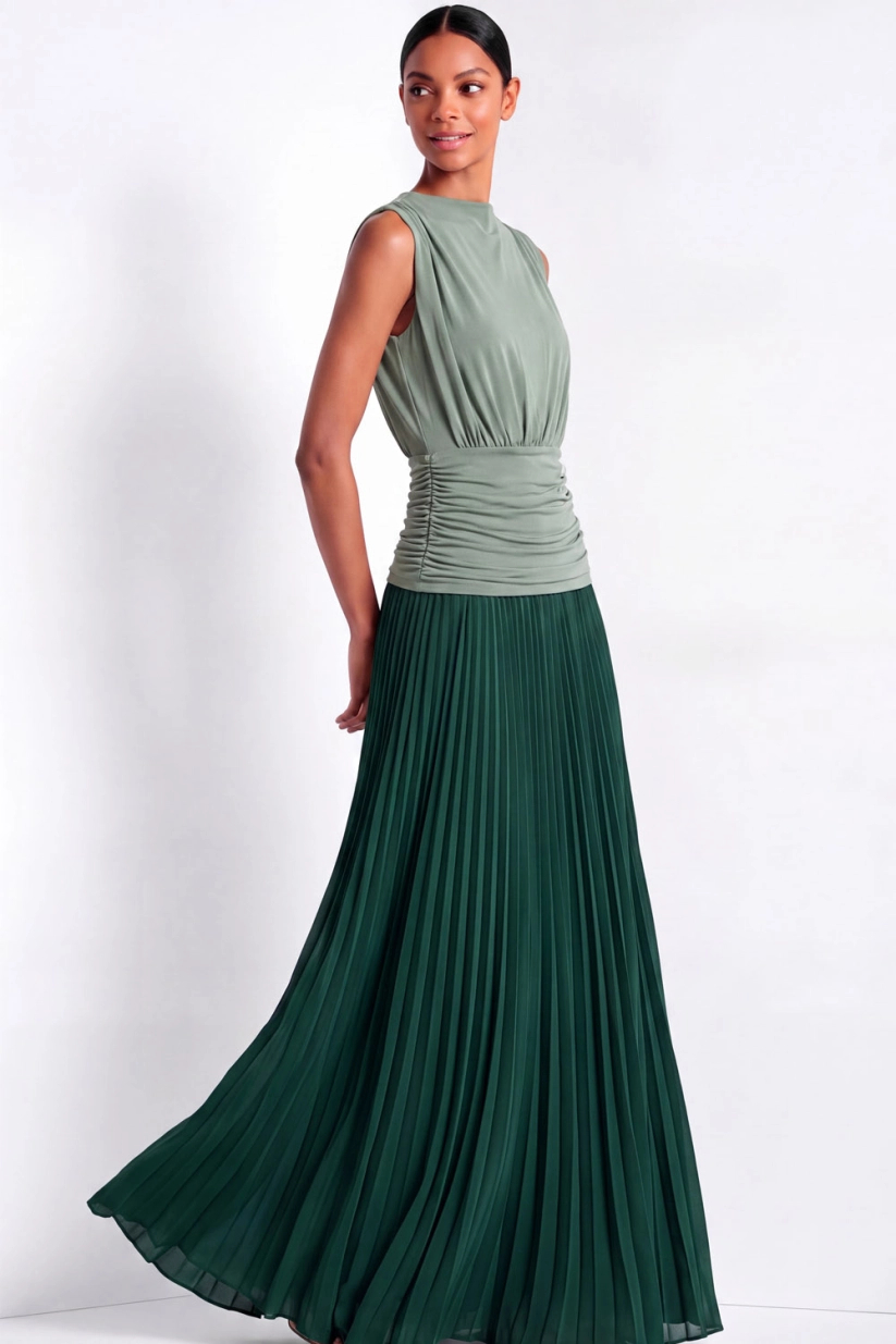 Two-Tone Taupe & Brown Sleeveless High Neck Ruched Waist Pleated Maxi Dress