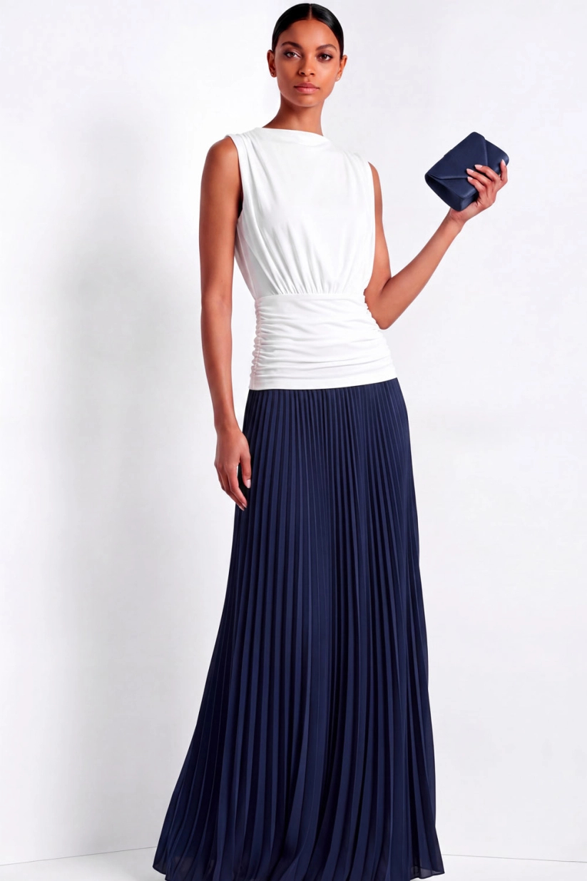 Two-Tone Taupe & Brown Sleeveless High Neck Ruched Waist Pleated Maxi Dress