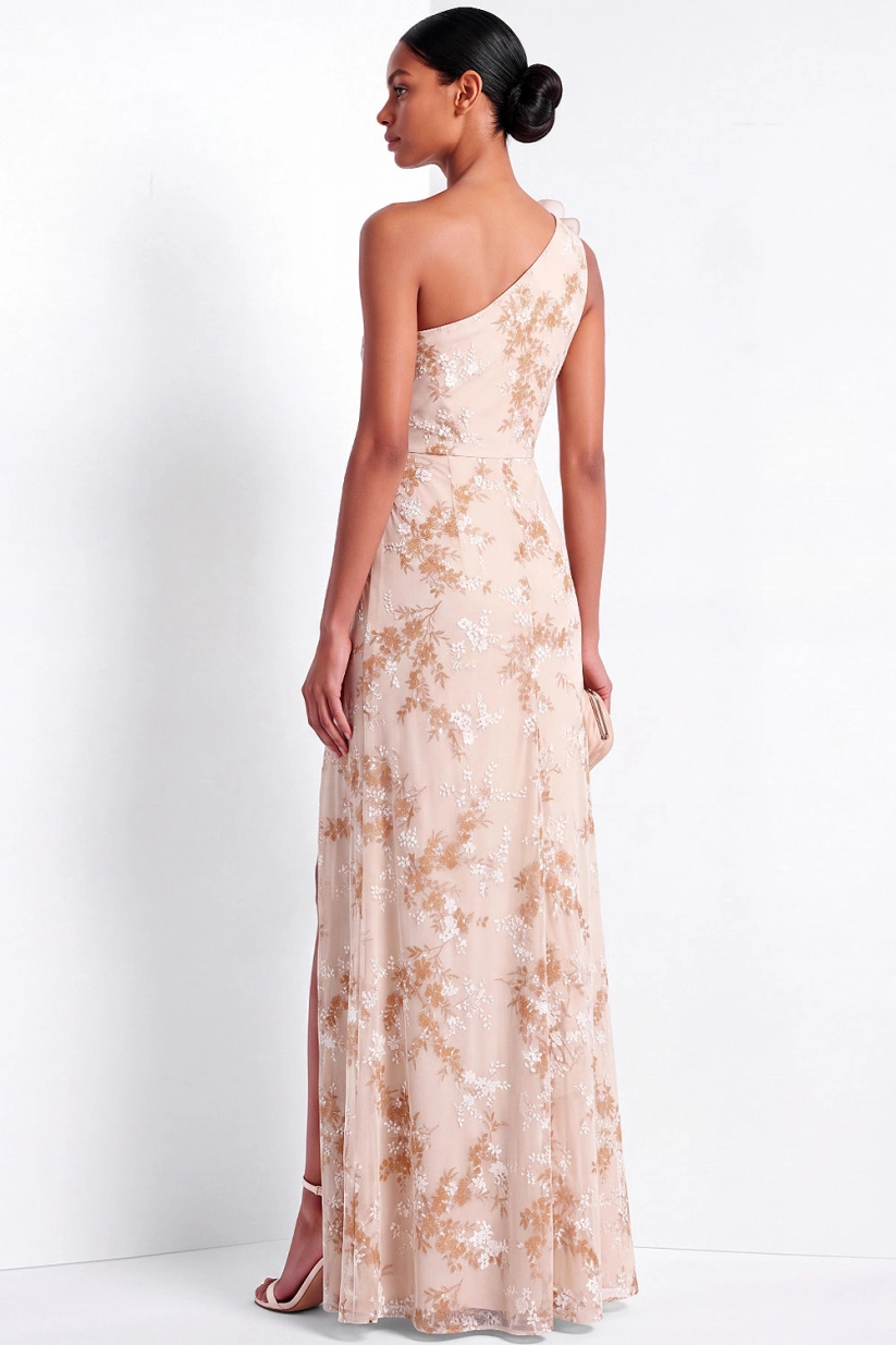 Blush Pink One-Shoulder 3D Floral Applique Floral Print Chiffon Maxi Dress with Slit