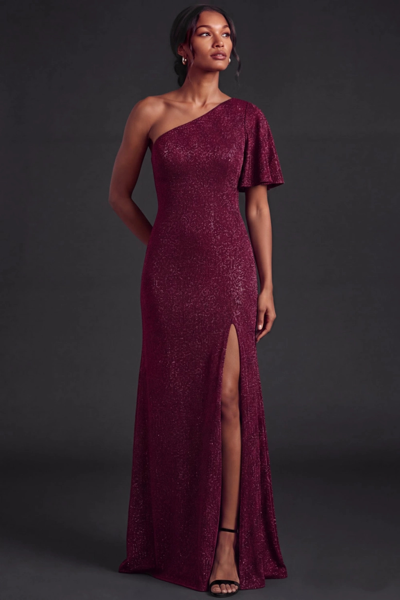 One-Shoulder Glitter Knit Flare Sleeve Slit Maxi Dress