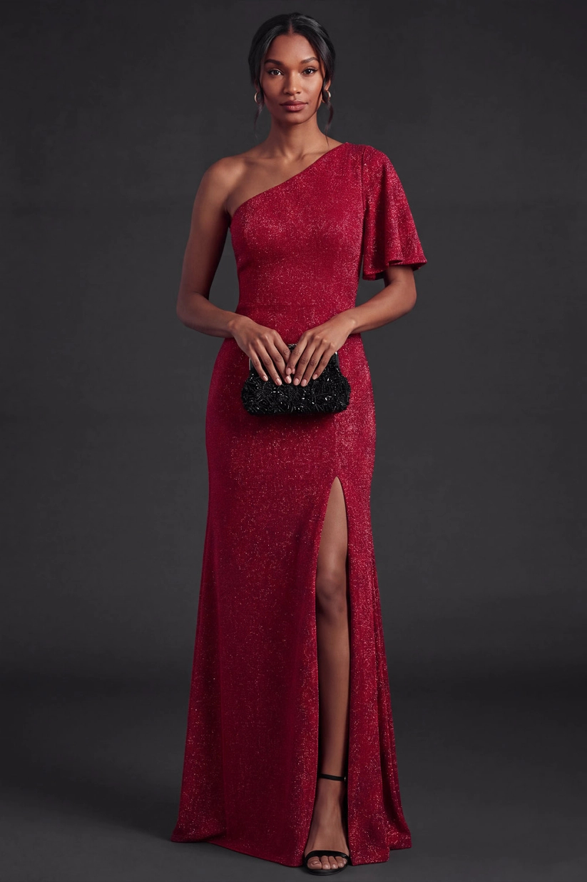 One-Shoulder Glitter Knit Flare Sleeve Slit Maxi Dress