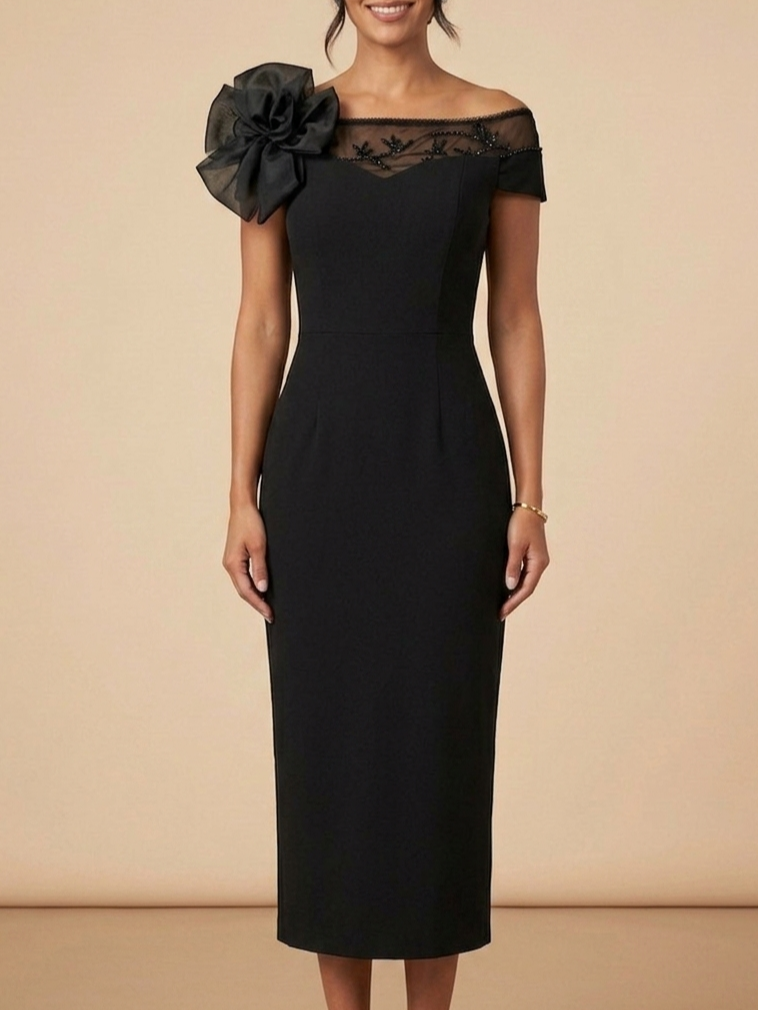 Black Off-the-Shoulder 3D Floral Beaded Sheath Midi Dress