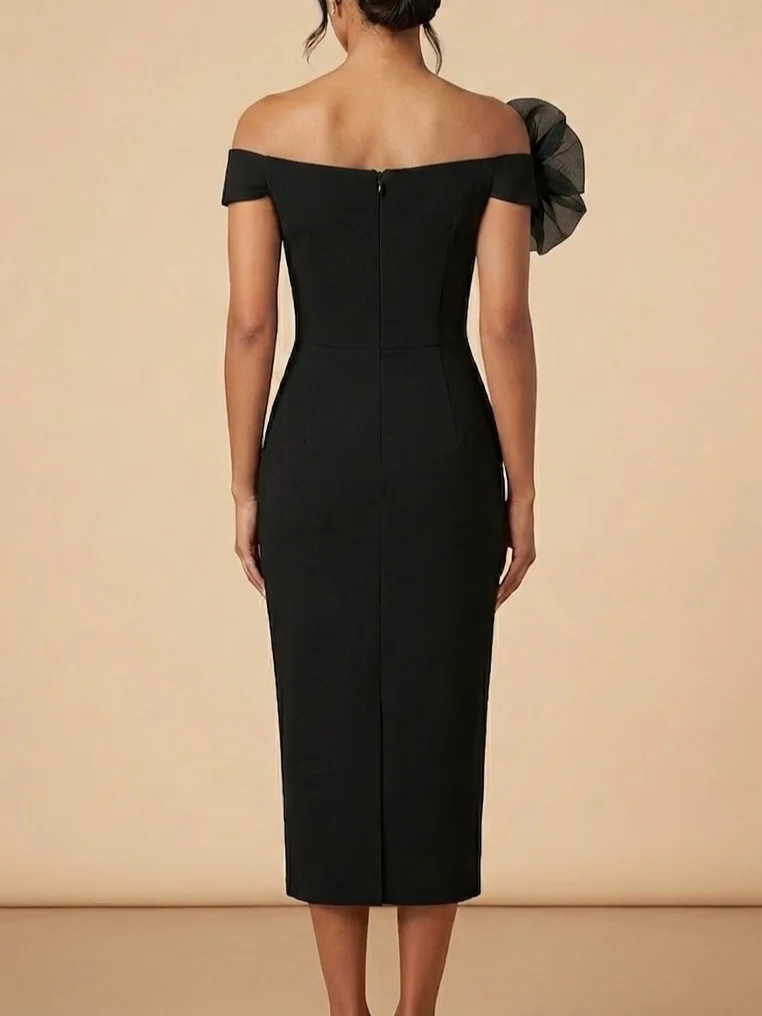 Black Off-the-Shoulder 3D Floral Beaded Sheath Midi Dress