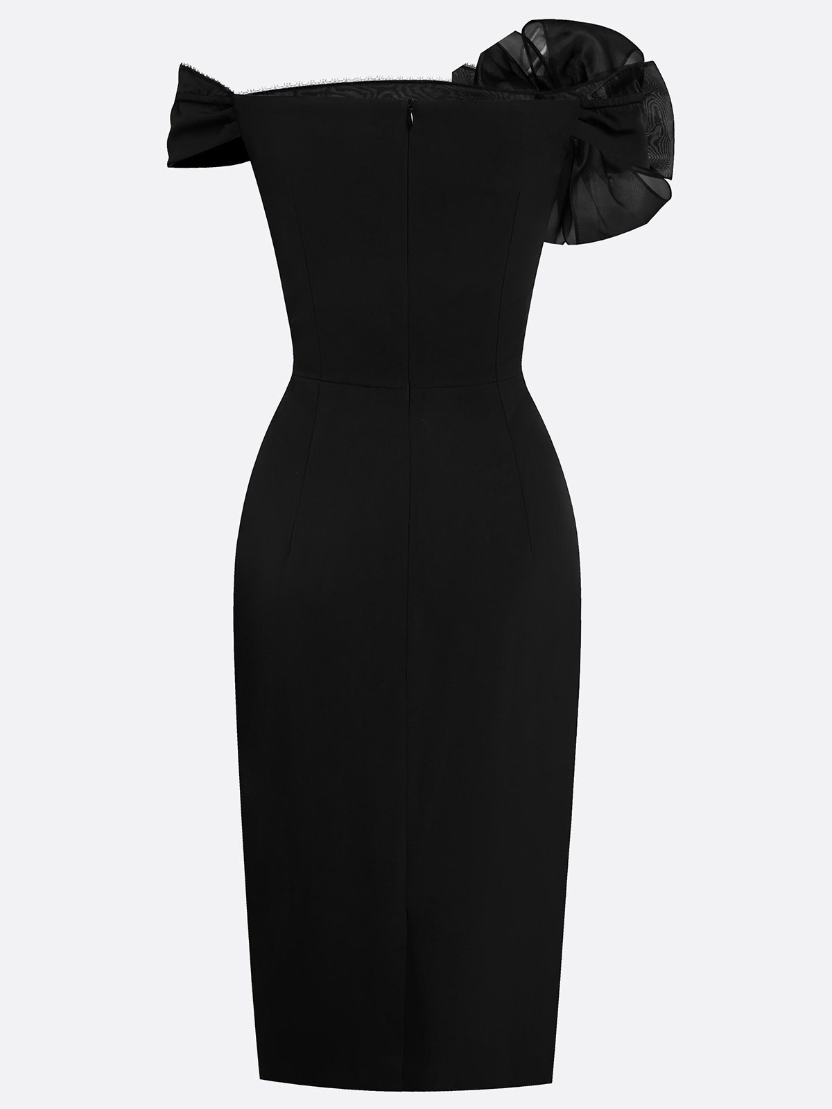 Black Off-the-Shoulder 3D Floral Beaded Sheath Midi Dress