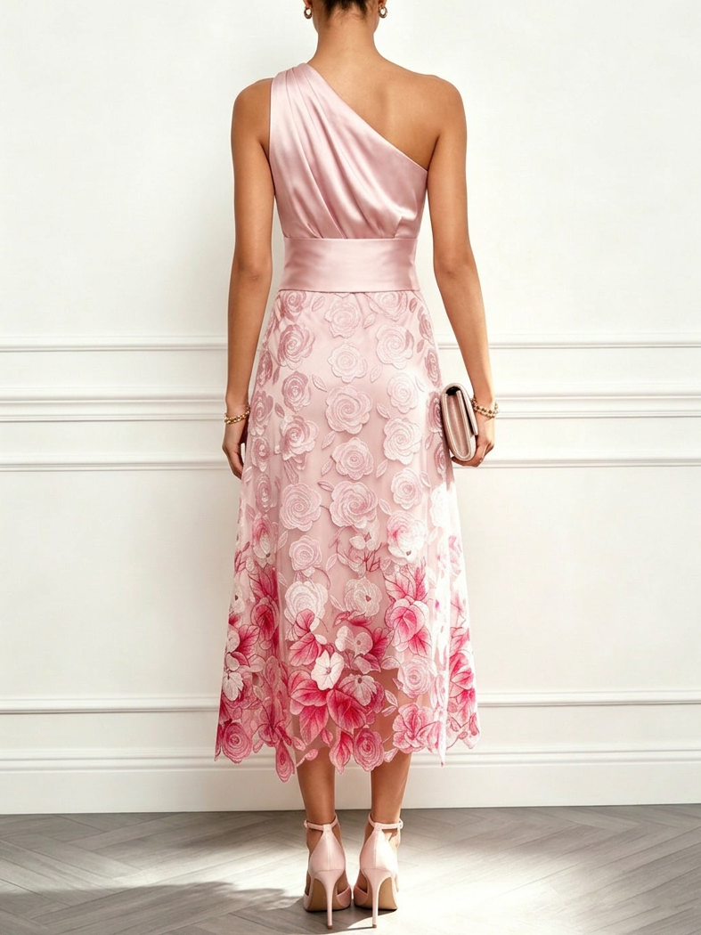 Pink Jacquard Lace One Shoulder Sleeveless A-Line Midi Dress