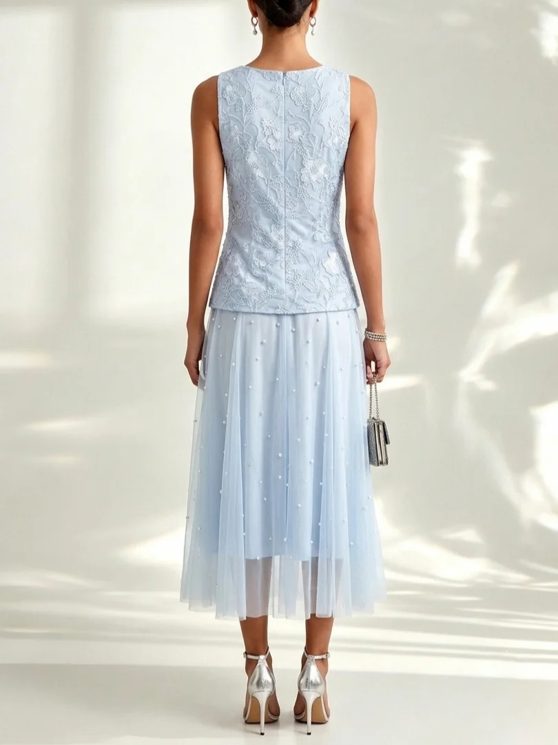 Light Blue Lace Pearl Jacquard Lace Boat Neck Sleeveless A-Line Maxi Dress