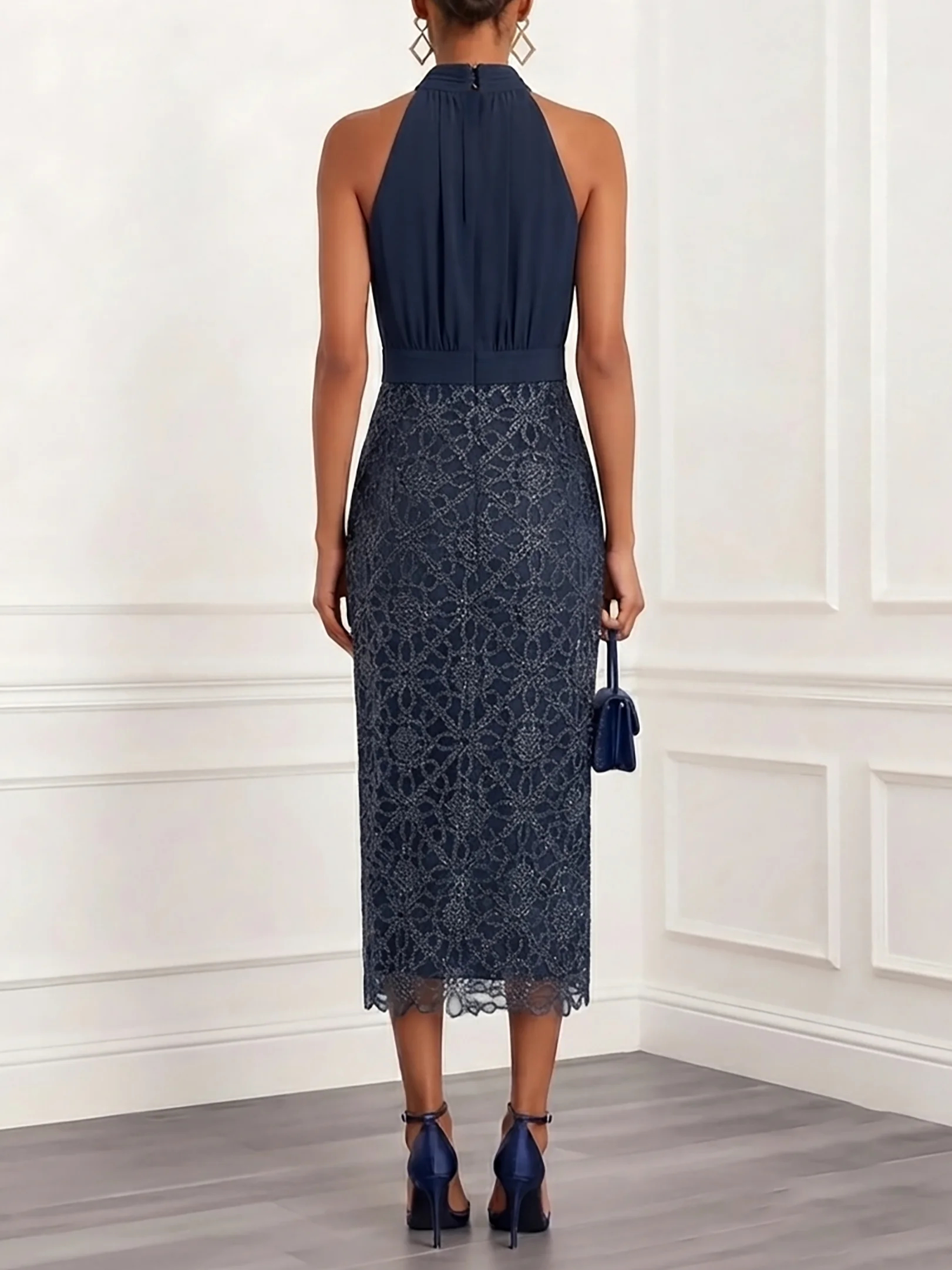 Navy Blue Halter Neck Ruched Sequin Lace Sheath Midi Dress