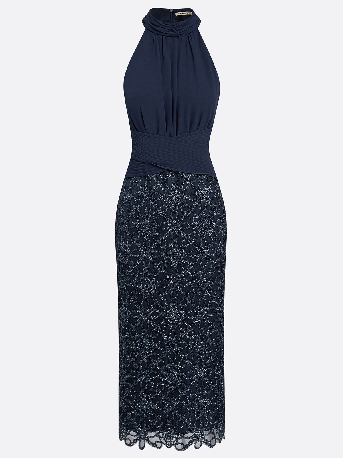 Navy Blue Halter Neck Ruched Sequin Lace Sheath Midi Dress
