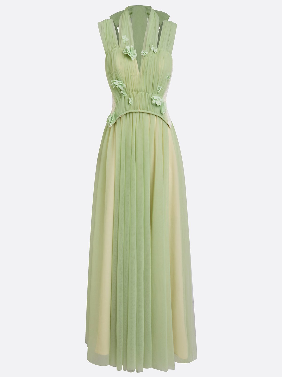 Sage Green Sleeveless V-Neck 3D Floral Chiffon A-Line Gown