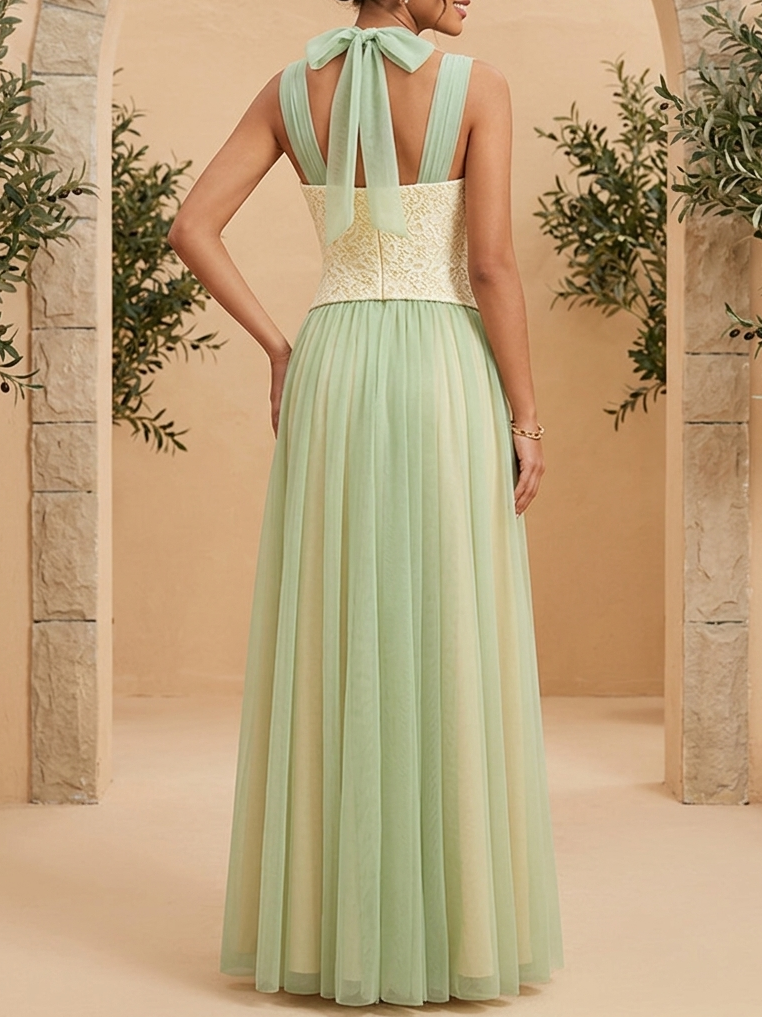 Sage Green Sleeveless V-Neck 3D Floral Chiffon A-Line Gown