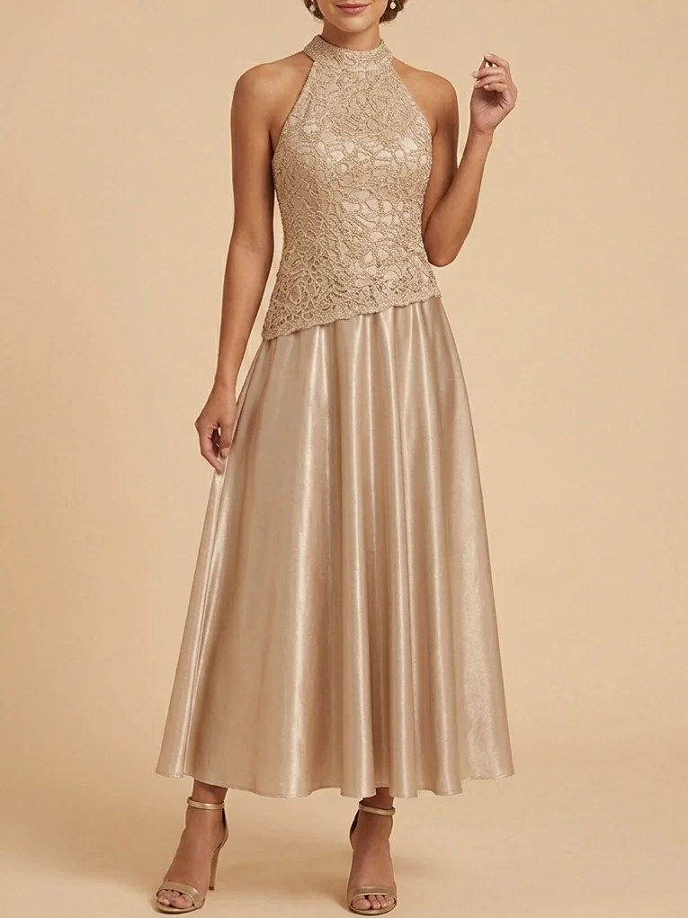 Champagne Sleeveless Halter Neck Lace Bodice Satin A-Line Maxi Dress