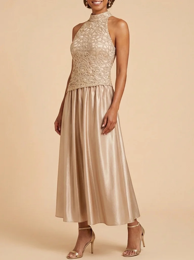 Champagne Sleeveless Halter Neck Lace Bodice Satin A-Line Maxi Dress