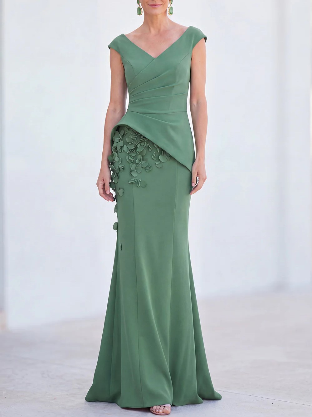 V-Neck Ruched Mermaid 3D Flowers Maxi Dress