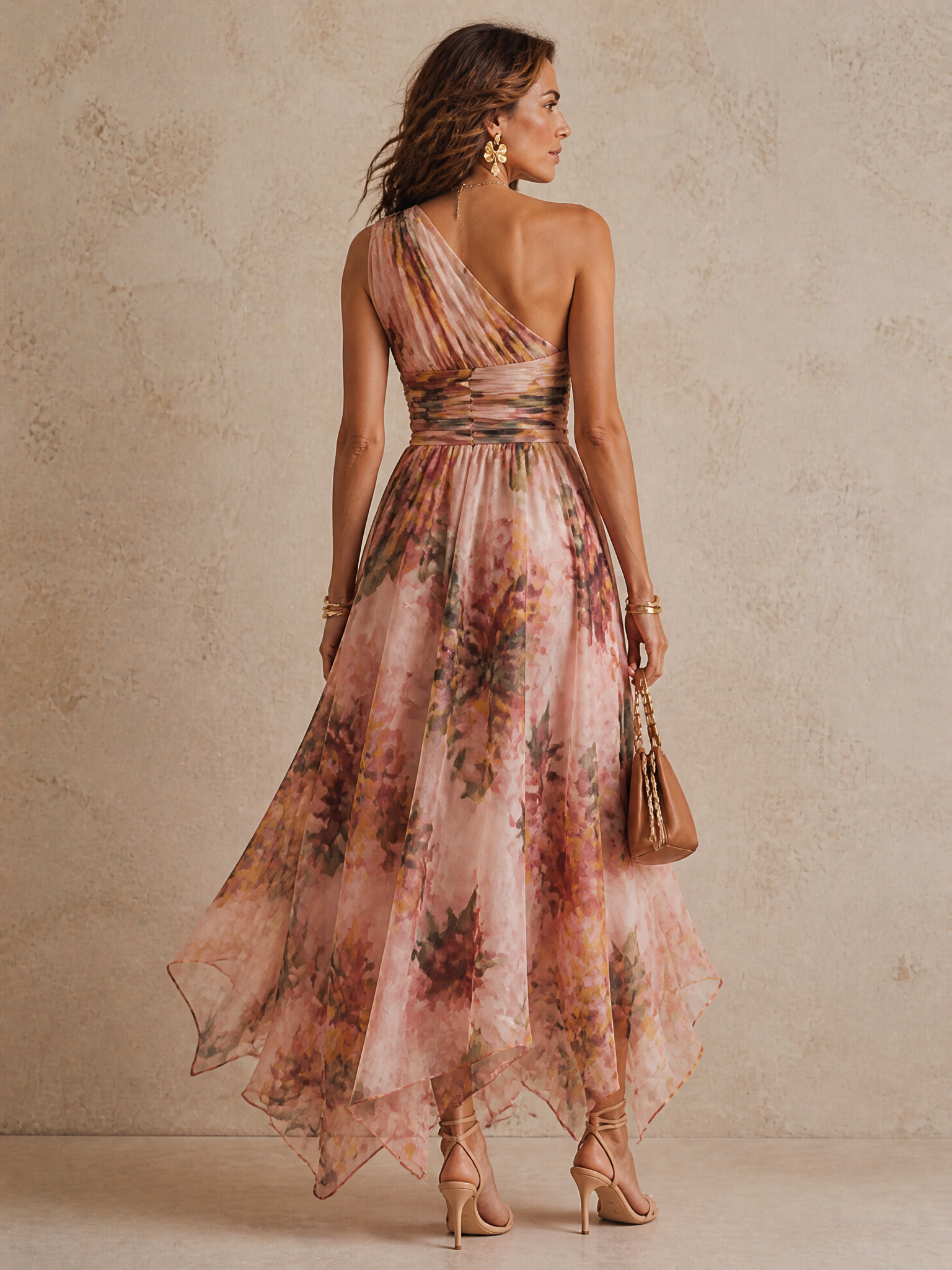 Blushing Floral Print One-Shoulder Chiffon A-Line Maxi Gown Dress