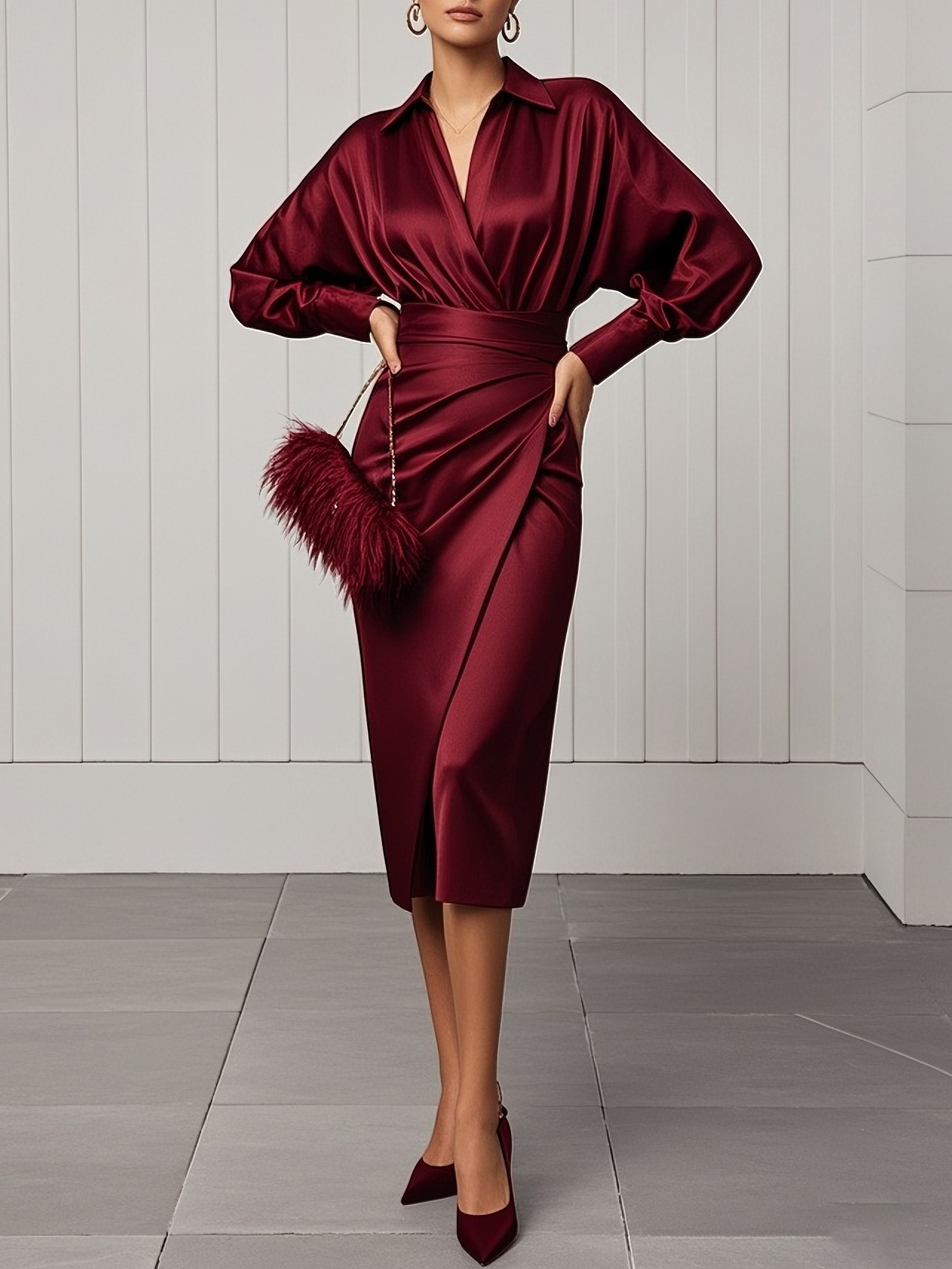 Women Wine Red Shawl Collar Long Sleeve Dressy Top With Skirt Two-Piece Set
