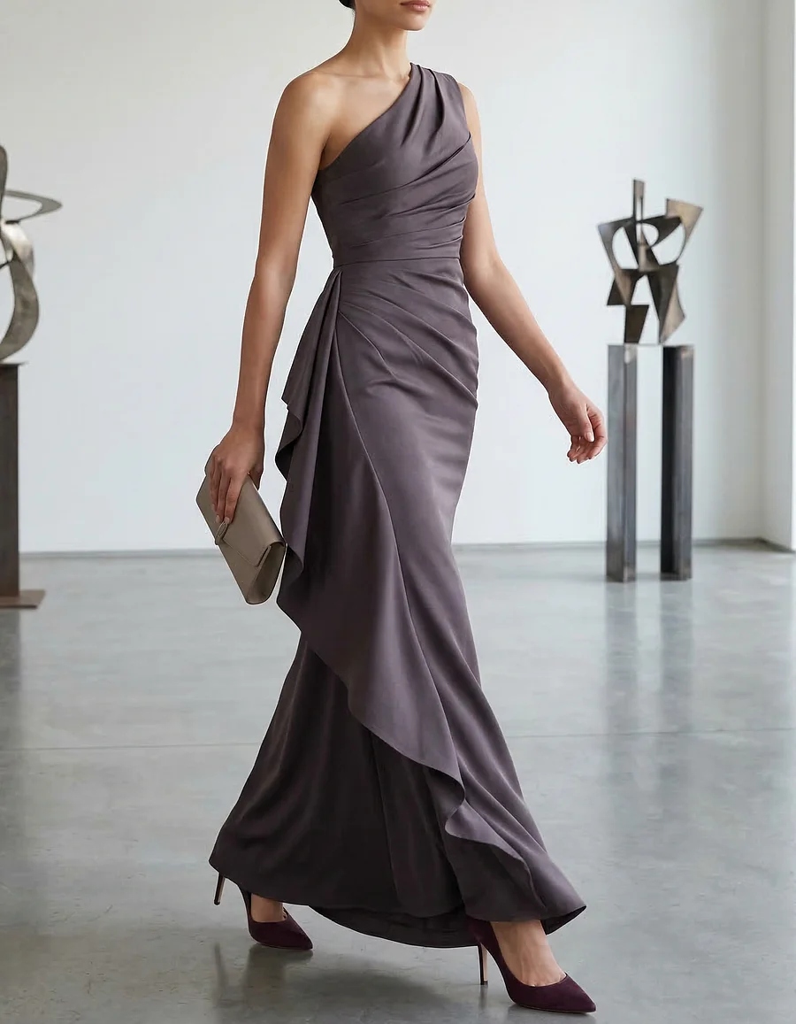 Grayish Purple Satin Ruffled Waist Maxi Dress