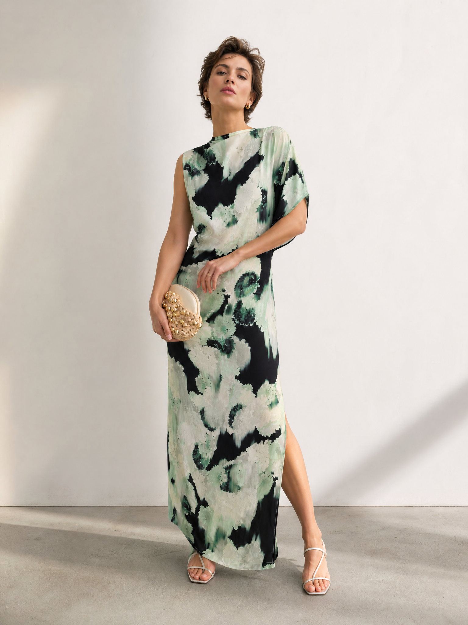 Sage Green Abstract One-Sleeve Column Maxi Gown Dress With High Slit