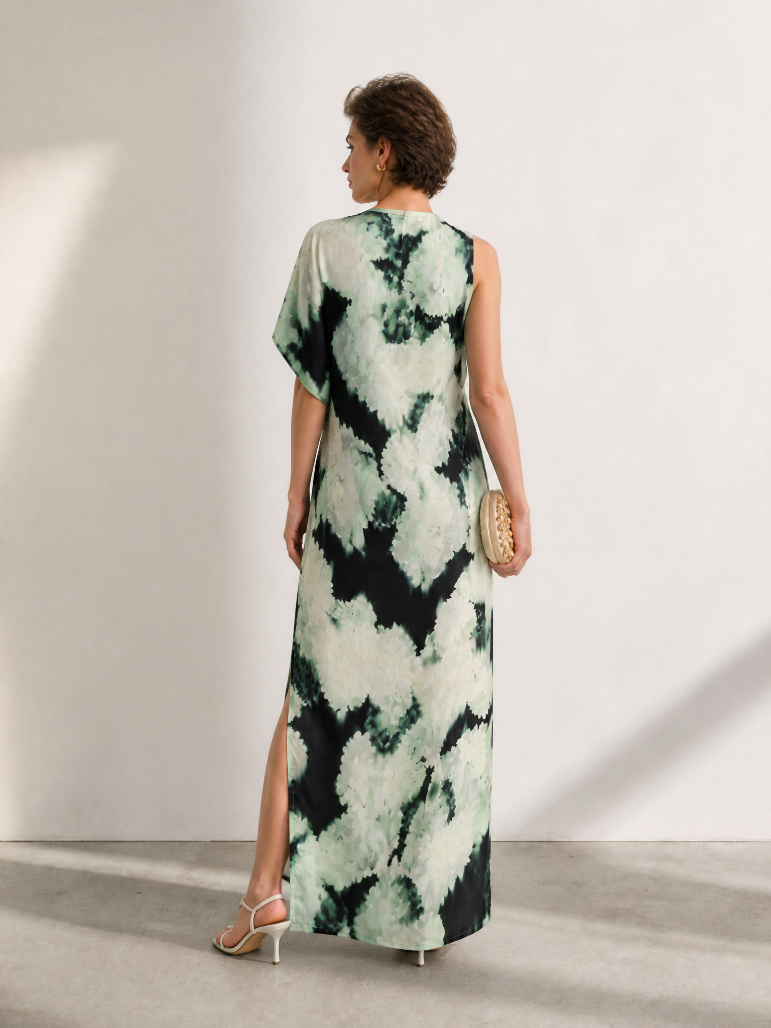 Sage Green Abstract One-Sleeve Column Maxi Gown Dress With High Slit