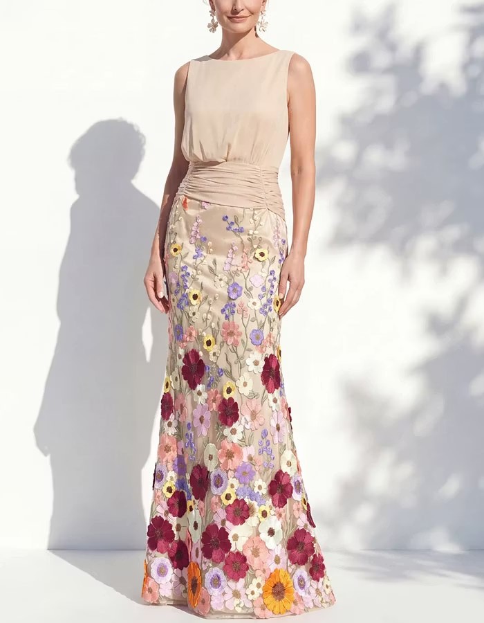 Green Sleeveless Multi Colored 3D Floral Pattern Maxi Dress