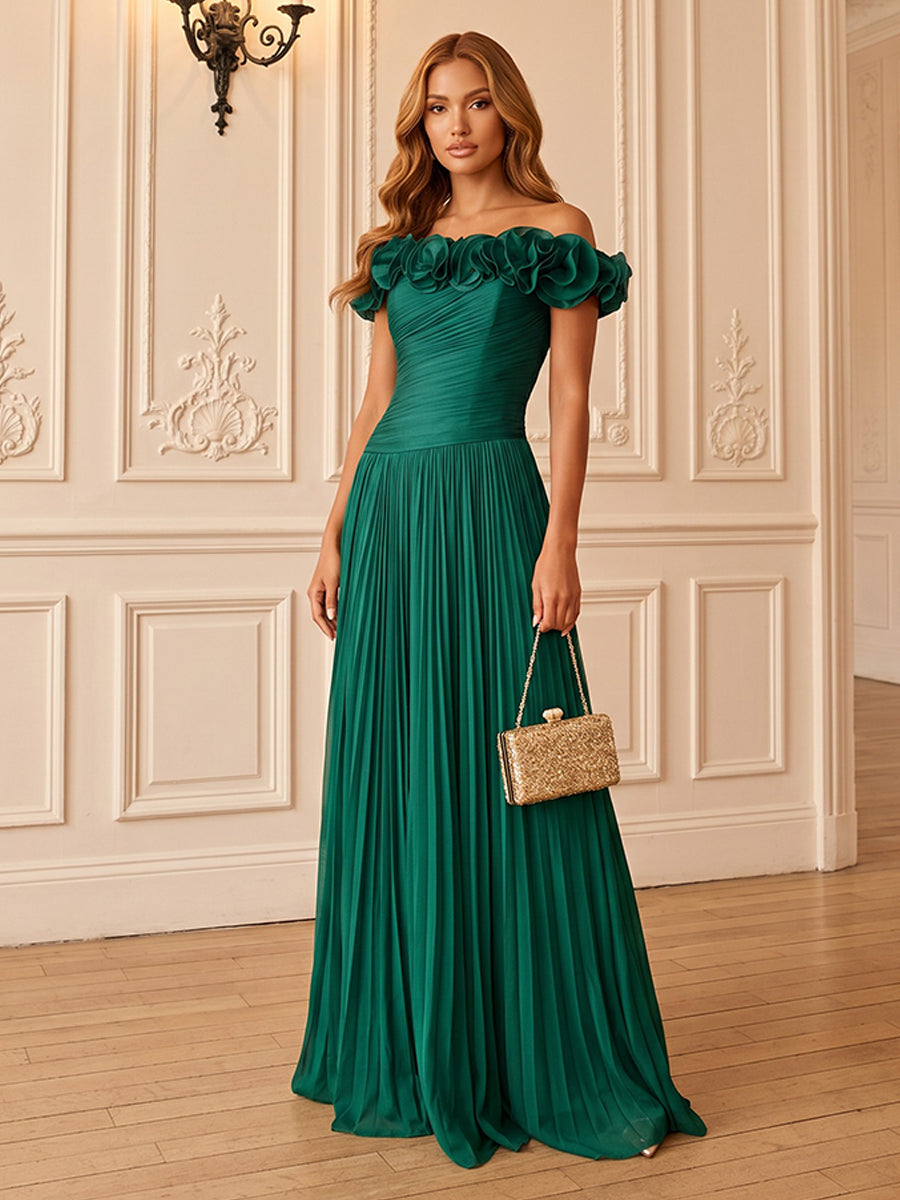 Chiffon A-Line Off Shoulde with Ruffles & Pleats Maxi Dress