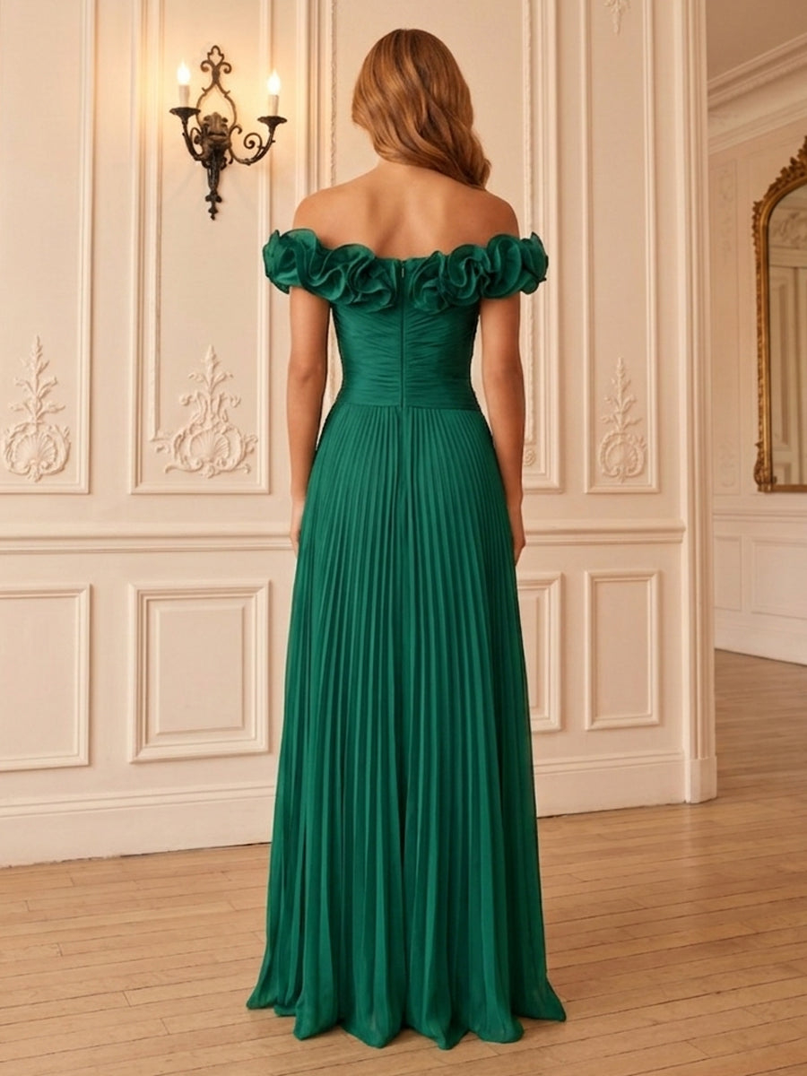 Chiffon A-Line Off Shoulde with Ruffles & Pleats Maxi Dress